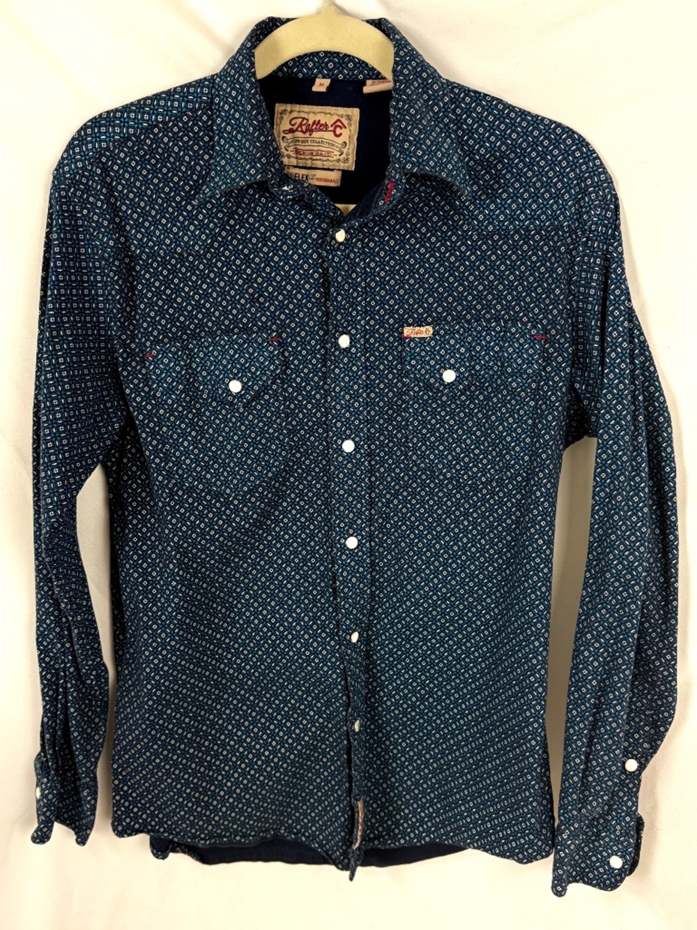 Rafter C Pro Flex 45 Western Pearl Snap Cowboy Shirt M Blue Geometric Cotton